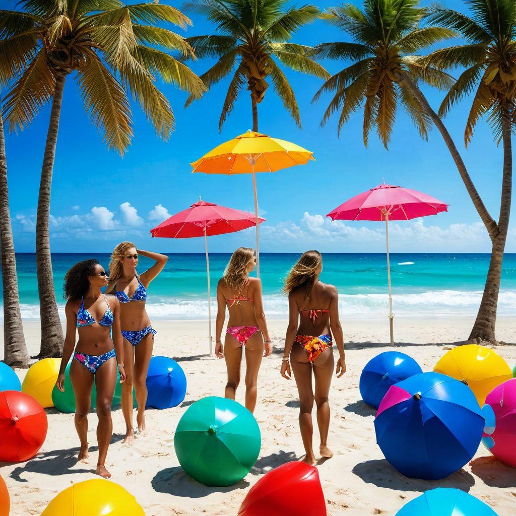 A vibrant beach scene featuring diverse models showcasing the latest bikini and beachwear trends, including floral patterns and bold colors, surrounded by beach umbrellas and palm trees under bright sunlight. Add splashes of water in the foreground with beach balls and seashells scattered around. Capture a sense of fun and relaxation. super-realistic. vibrant colors. tropical background.