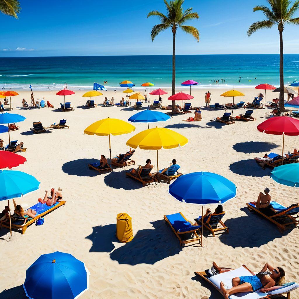 A sunny beach scene showcasing a diverse group of trendy individuals wearing stylish and affordable beachwear. Include colorful umbrellas, sun loungers, and vibrant beach balls around them. Capture the joyful atmosphere with people building sandcastles and playing beach volleyball. Bright blue skies and a refreshing ocean in the background will enhance the summery feel. super-realistic. vibrant colors. 3D.